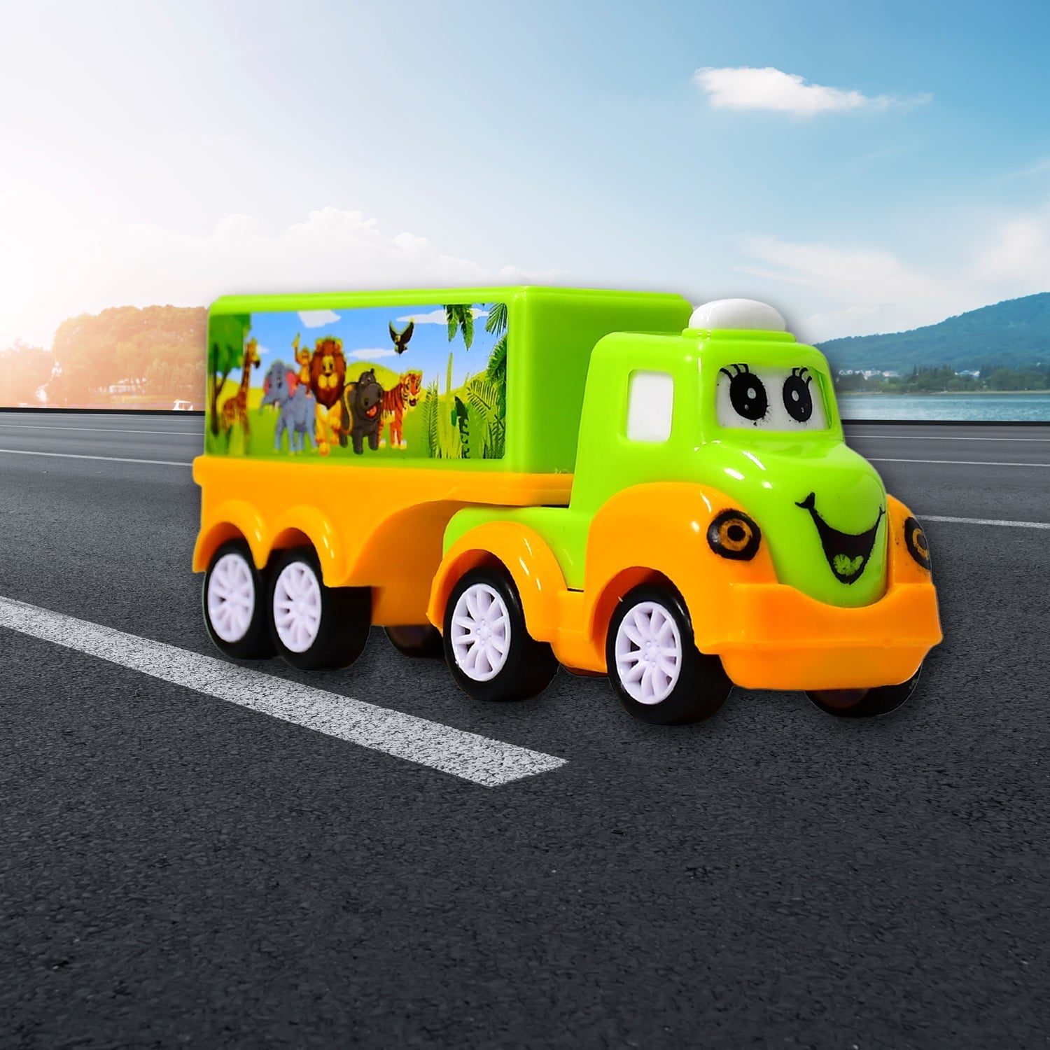Another view of the safe and sturdy green and yellow toy truck.