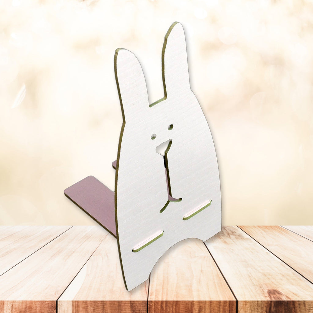 Another angle of the wooden rabbit mobile stand, highlighting its compact size.