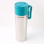 Silver stainless steel oil bottle featuring a blue flip lid for freshness