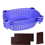 The lightweight and portable plastic storage rack fitting neatly into a small corner.