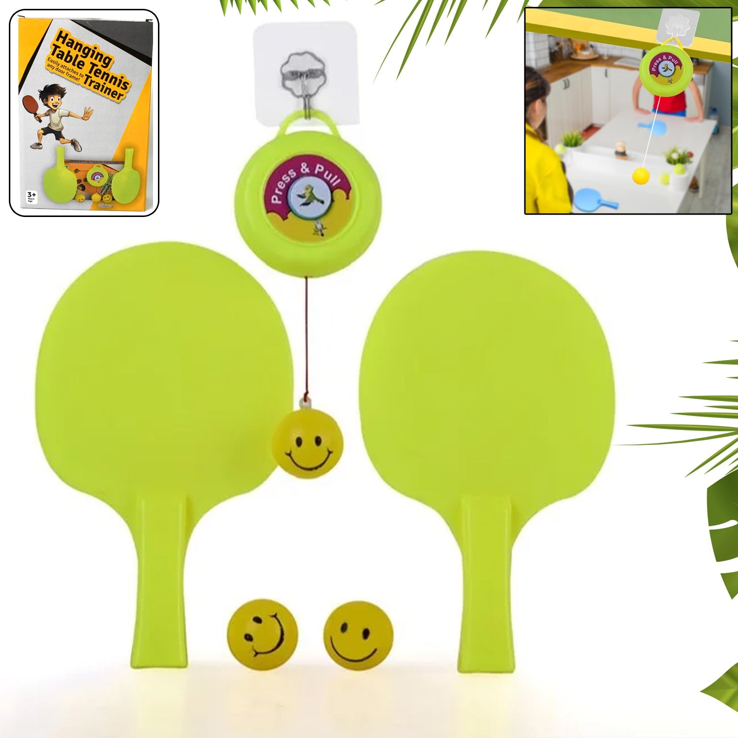 A complete Dollovia portable table tennis kit, including a hanging trainer and three ping pong balls.
