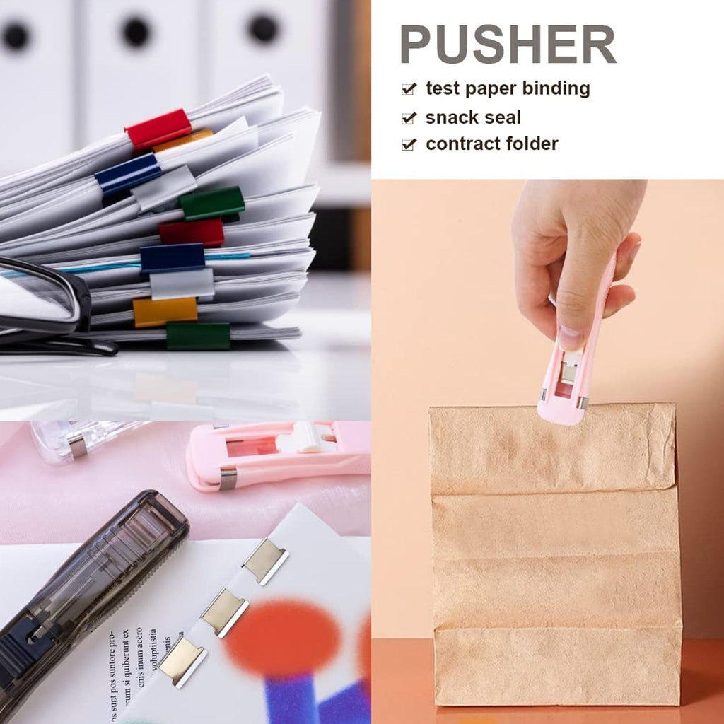 Top-down view of the white Paper Clamp Dispenser with its reusable clips neatly arranged.