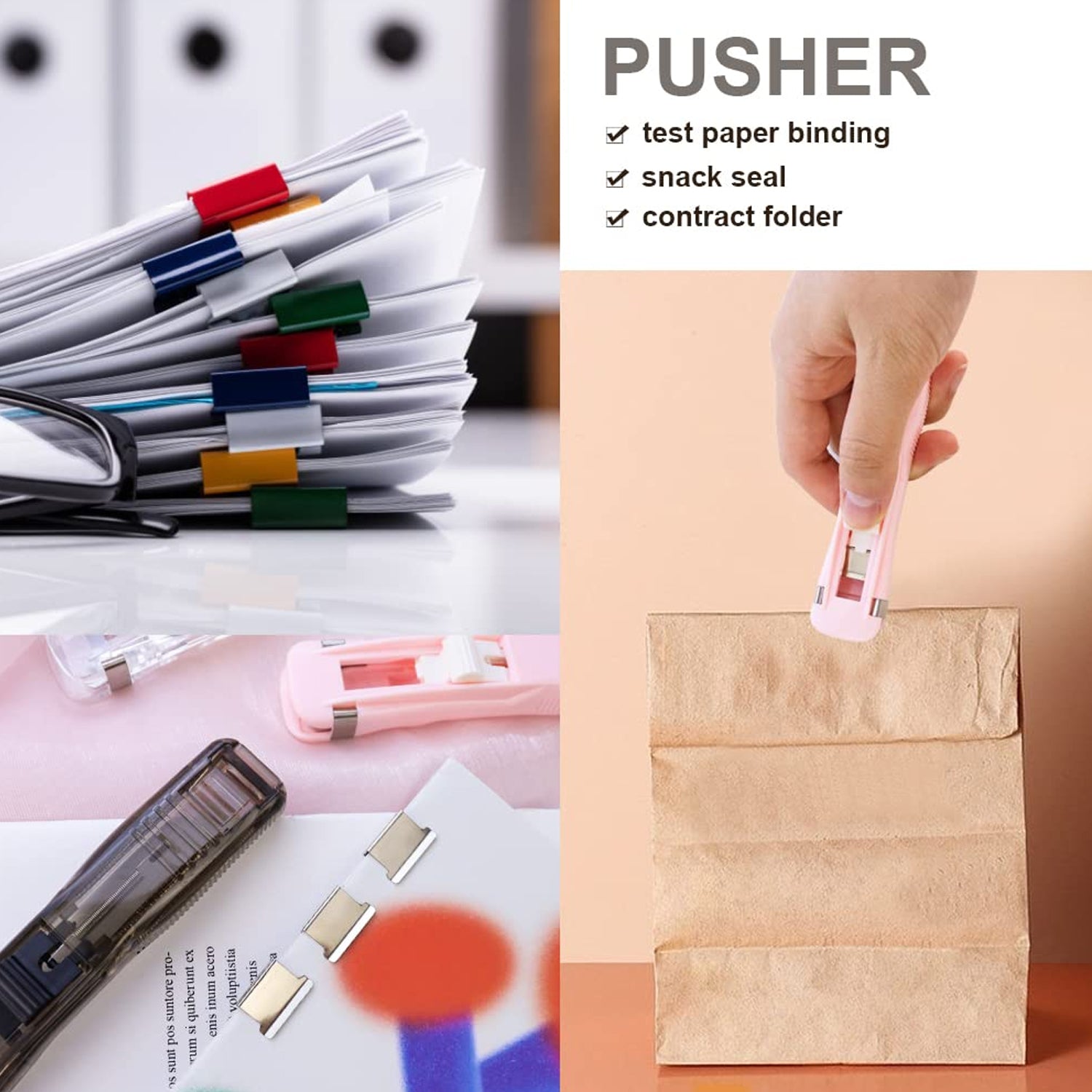 Top-down view of the white Paper Clamp Dispenser with its reusable clips neatly arranged.
