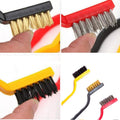 A 3-piece mini wire brush set with brass, nylon, and stainless steel bristles laid out for cleaning tasks.
