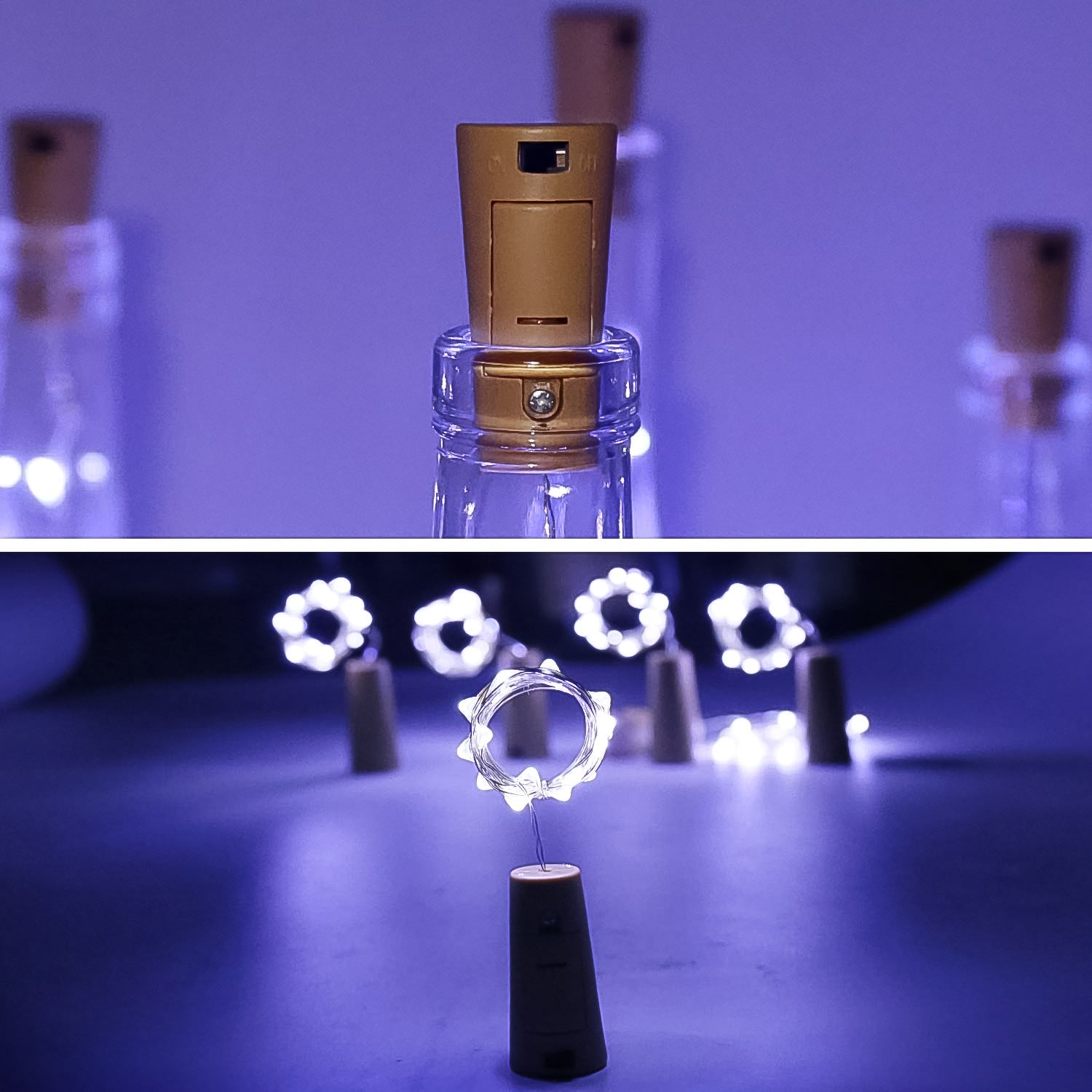 A glowing wine bottle cork string light with multi-color LEDs, perfect for festive decor.