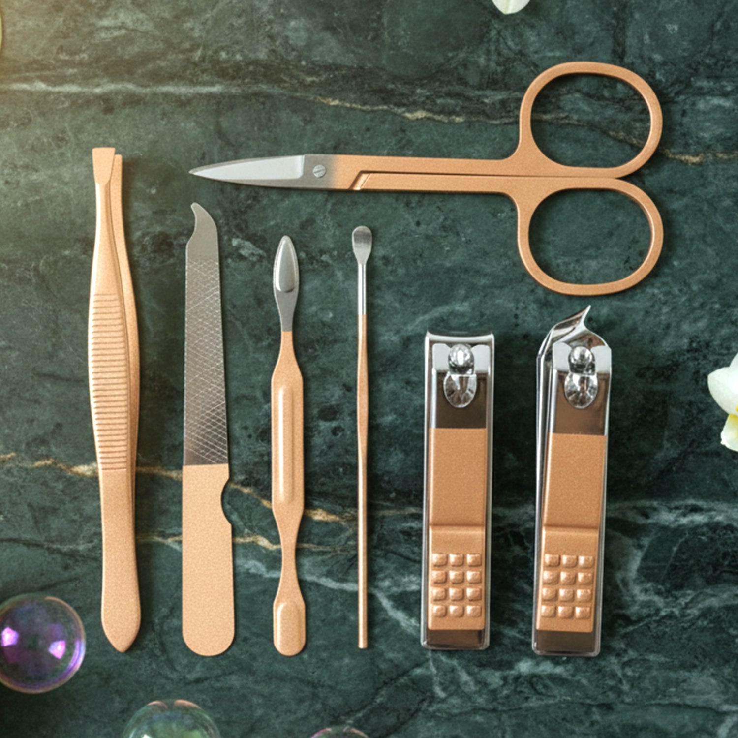 Compact grooming kit with precision nail and cuticle tools