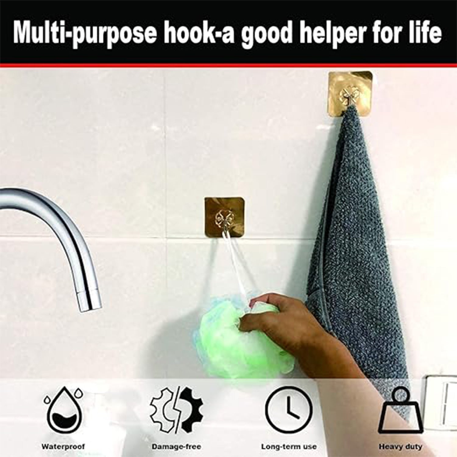 Clear adhesive hook hanging bathroom items securely