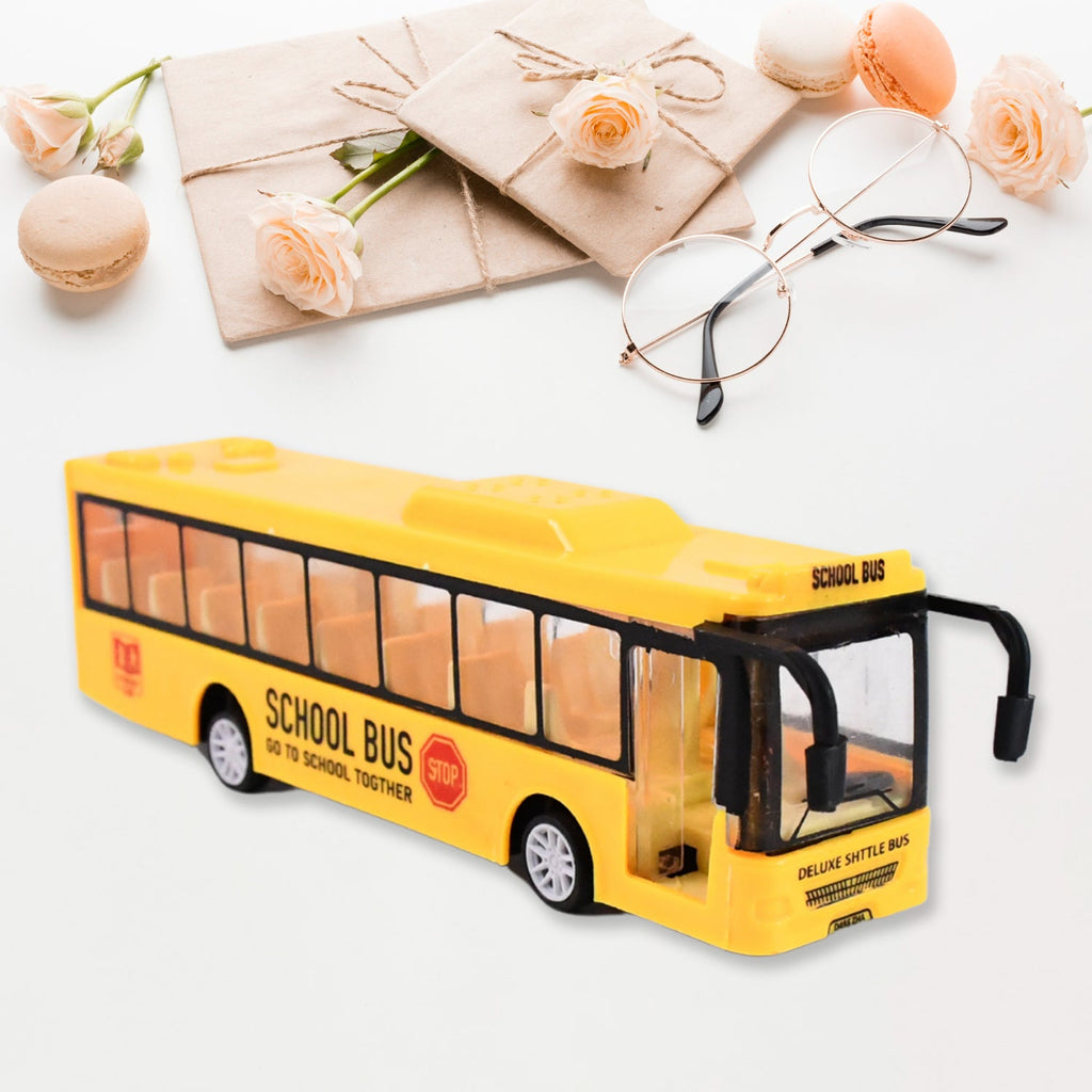 Closeup of yellow mini bus toy highlighting intricate design