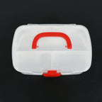 Detail shot of the carrying handle and secure latch mechanism on the portable first aid kit box.