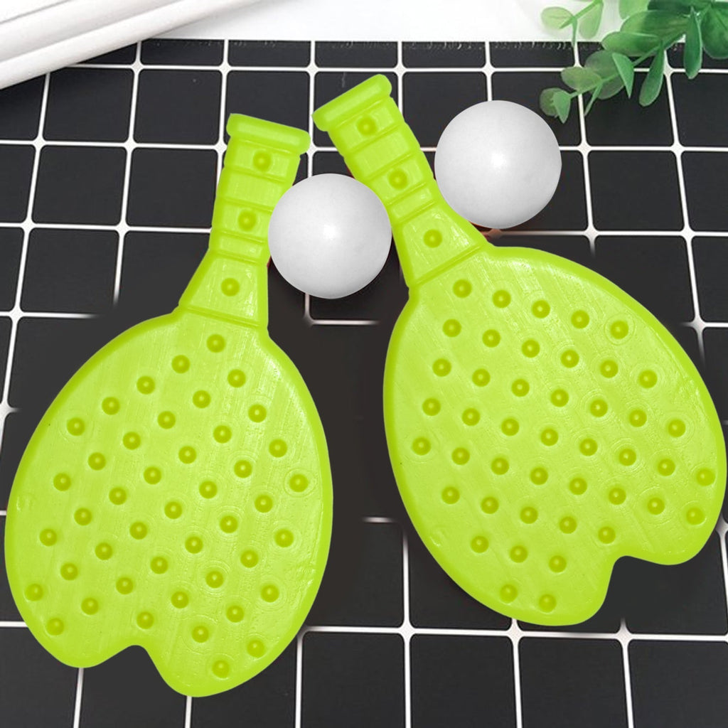 Vibrant plastic kids table tennis set with racquet and ball, perfect for indoor play.