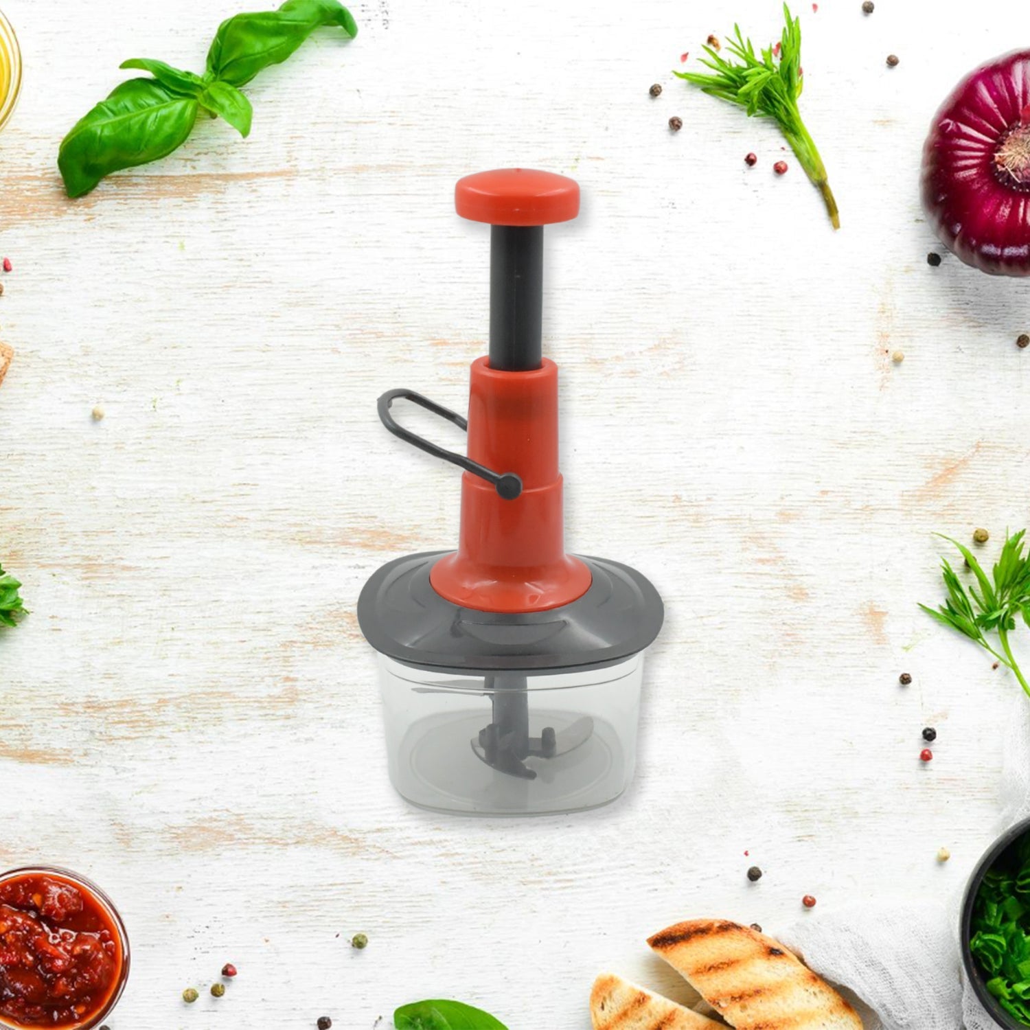 Quickslice manual vegetable chopper with anti-slip base and sharp stainless steel blades.