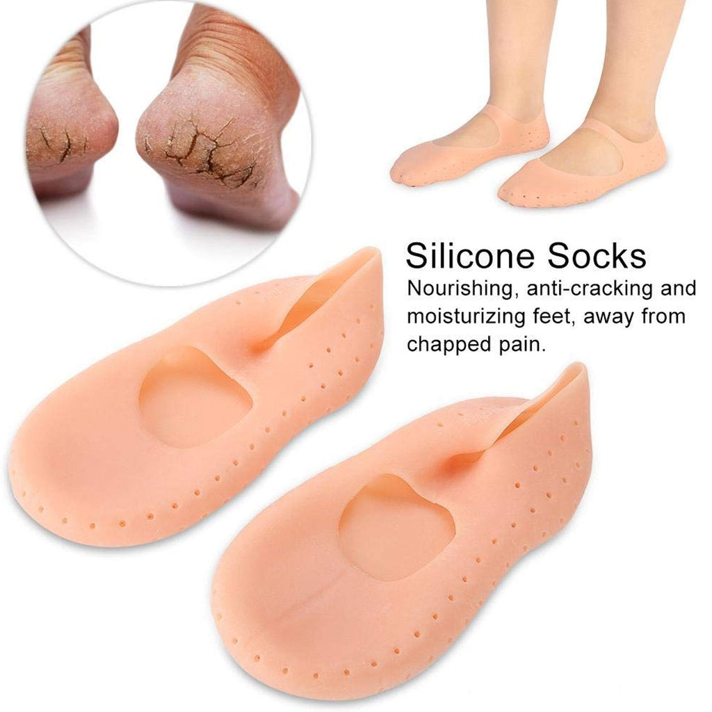 Silicone gel socks displayed flat, highlighting their soft texture for cracked heels.