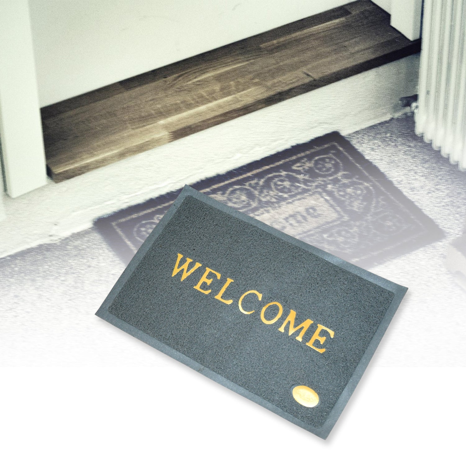 A side profile of the waterproof Welcome Door Mat, showcasing its robust construction and low profile.