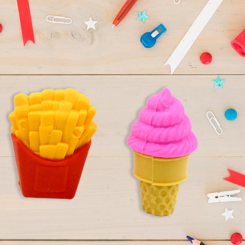 An appealing assortment of colorful 3D food erasers for kids.