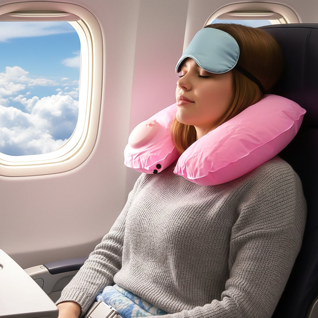 Compact deflated inflatable travel neck pillow packed for storage