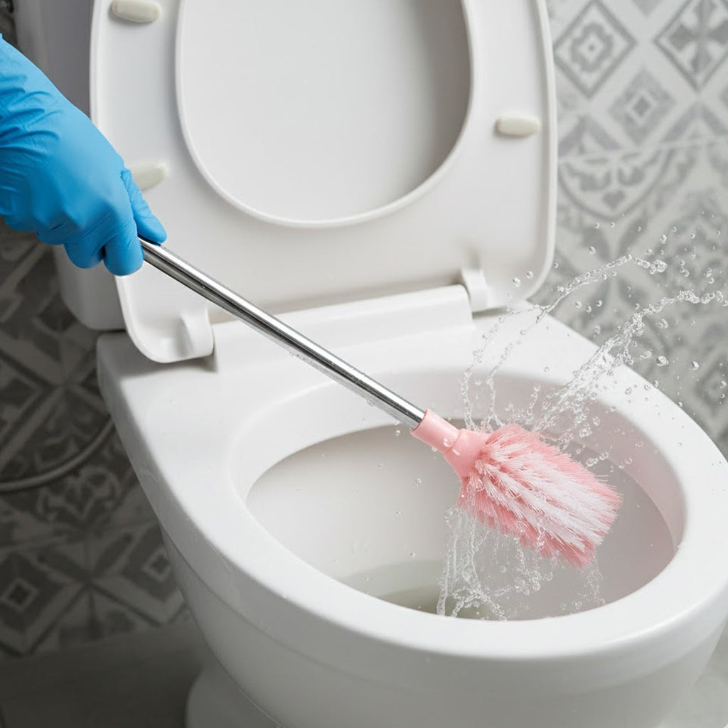 Side view of ergonomic toilet cleaning brush with splash-resistant brush head