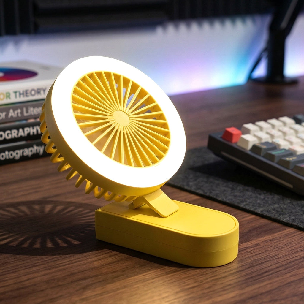 Portable mini fan with LED light for personal use