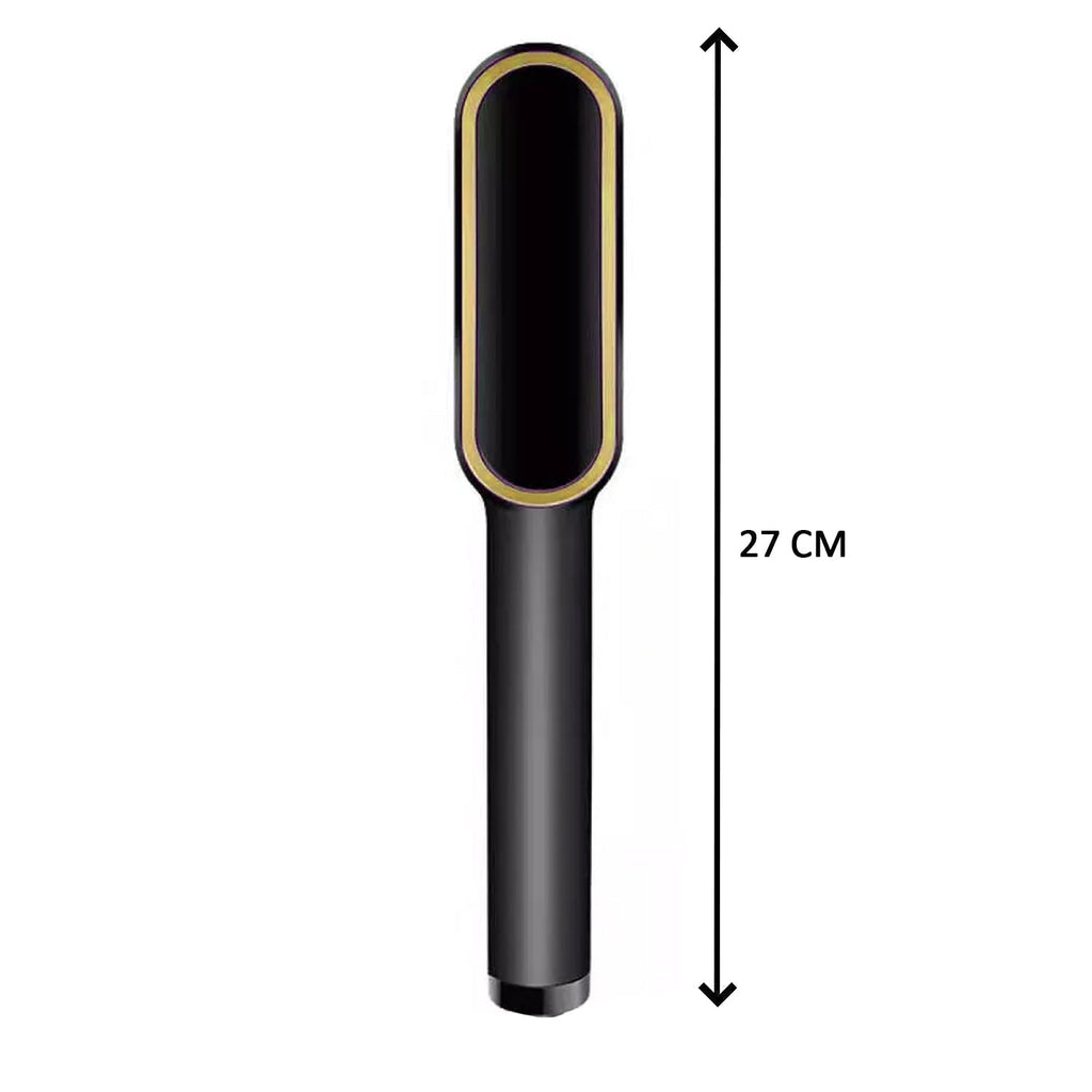 Hair straightener displaying temperature control buttons and LED readout.