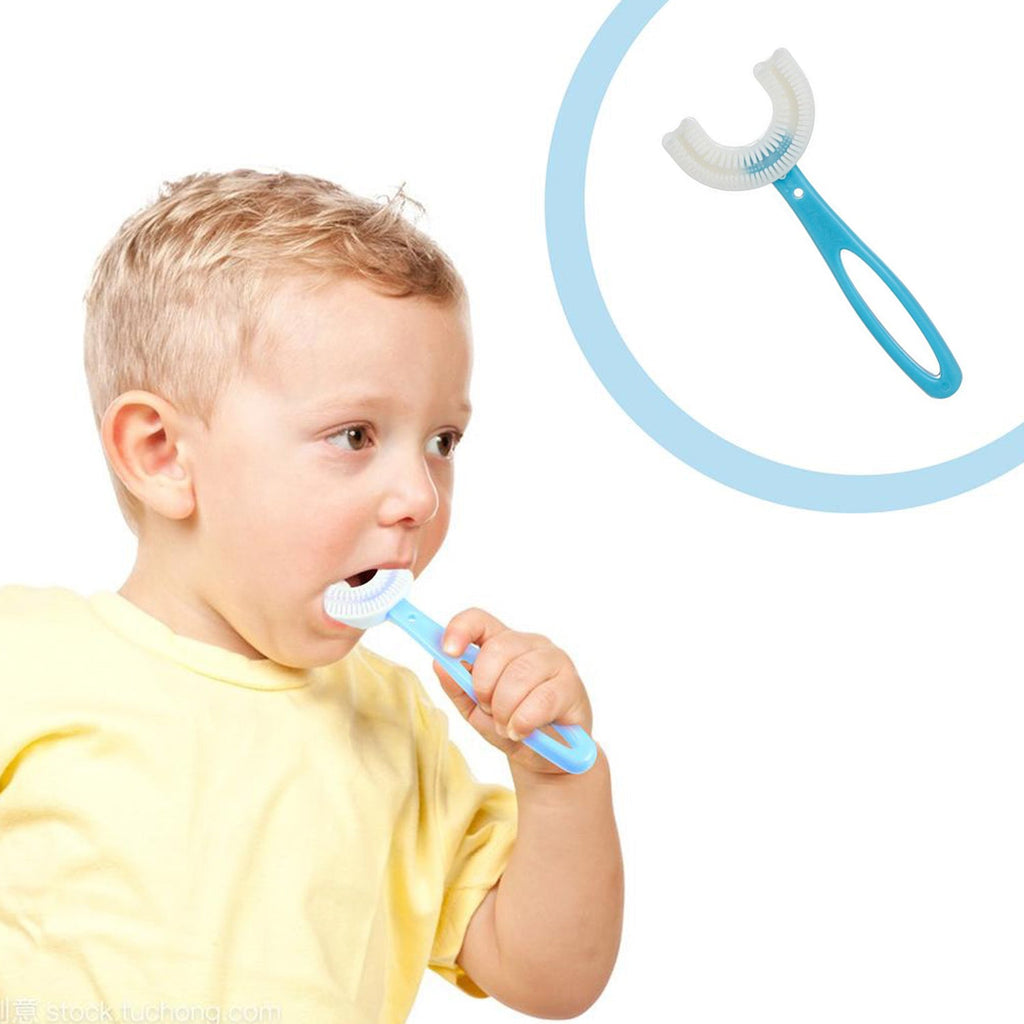 Comfortable U-shaped toothbrush in blue, perfect for little hands to grip.