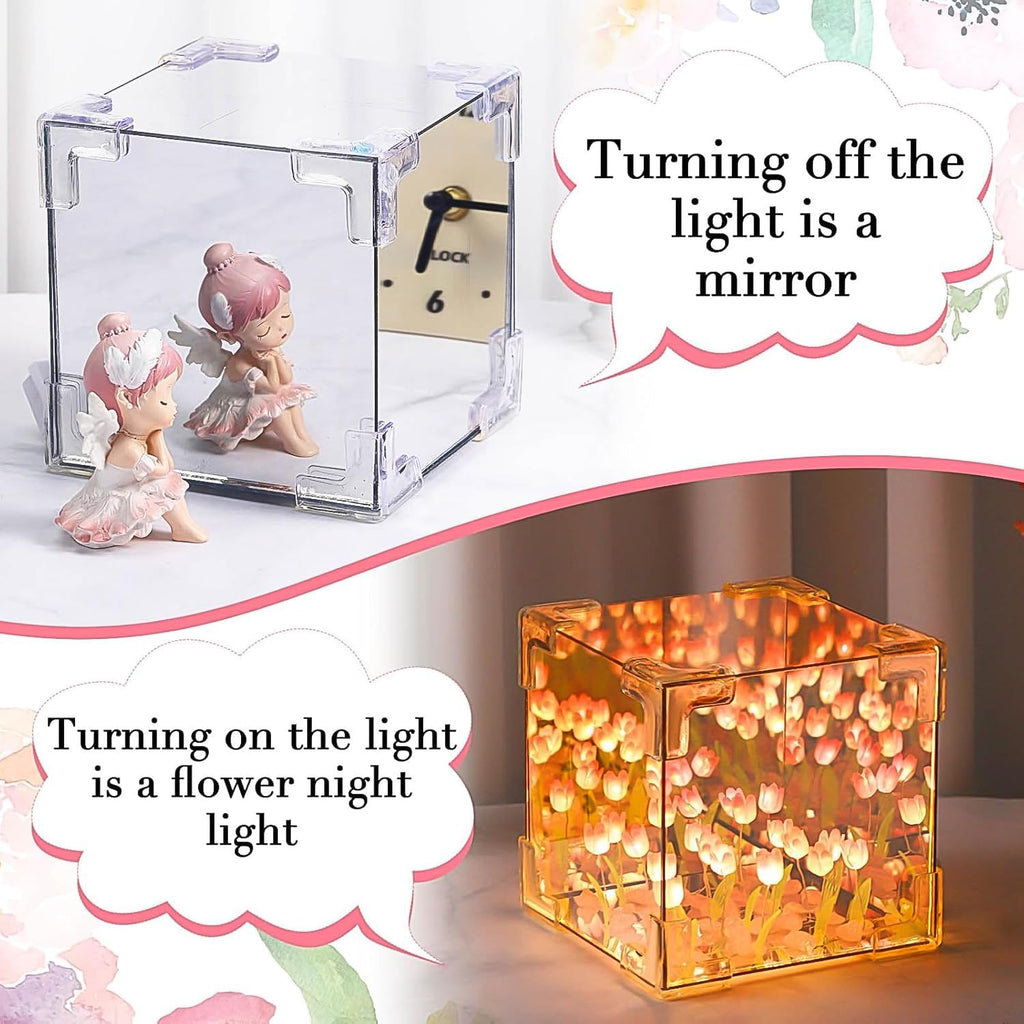 Close-up of the delicate tulip flower details inside the LED night lamp.