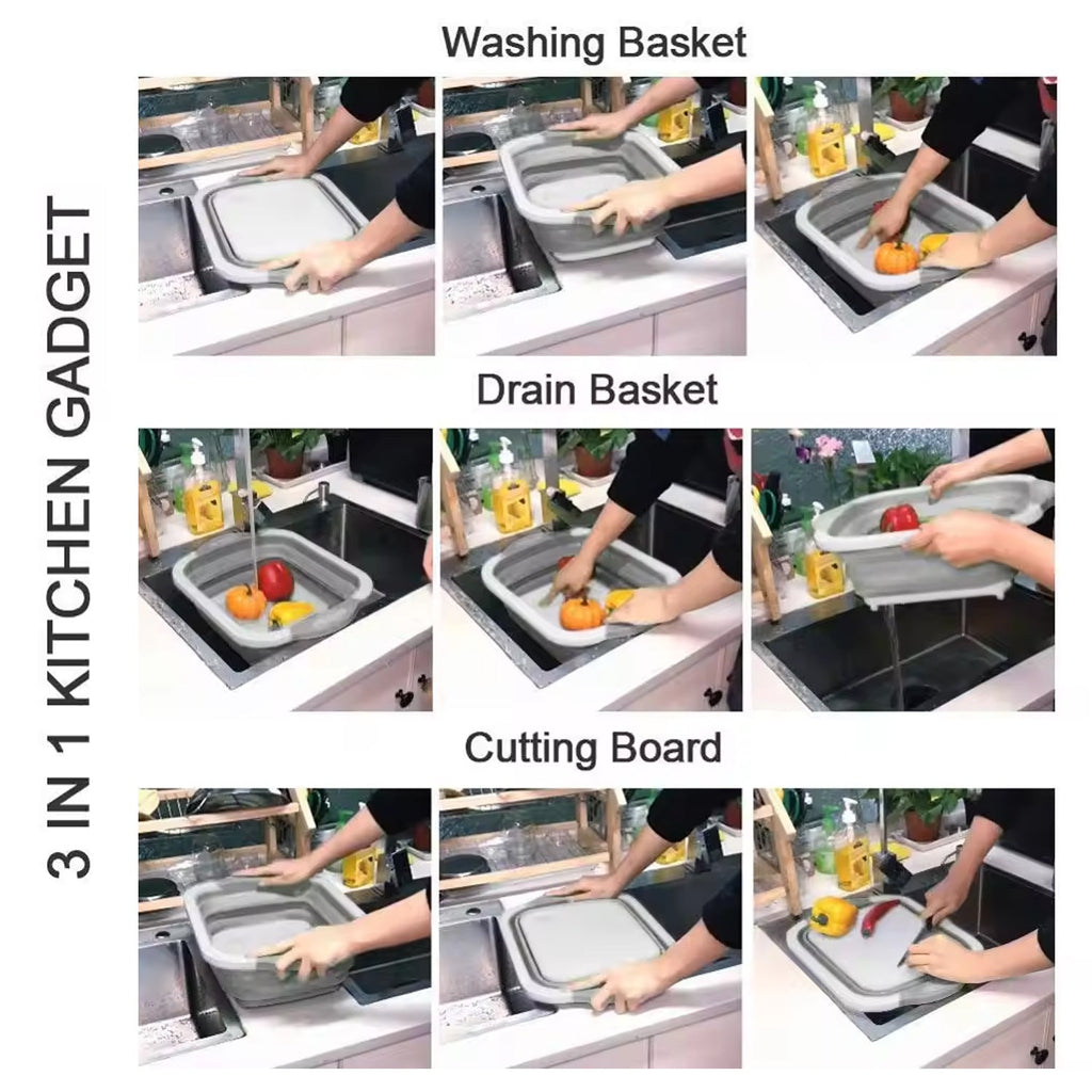 Portable chopping board shown in use for preparing vegetables.