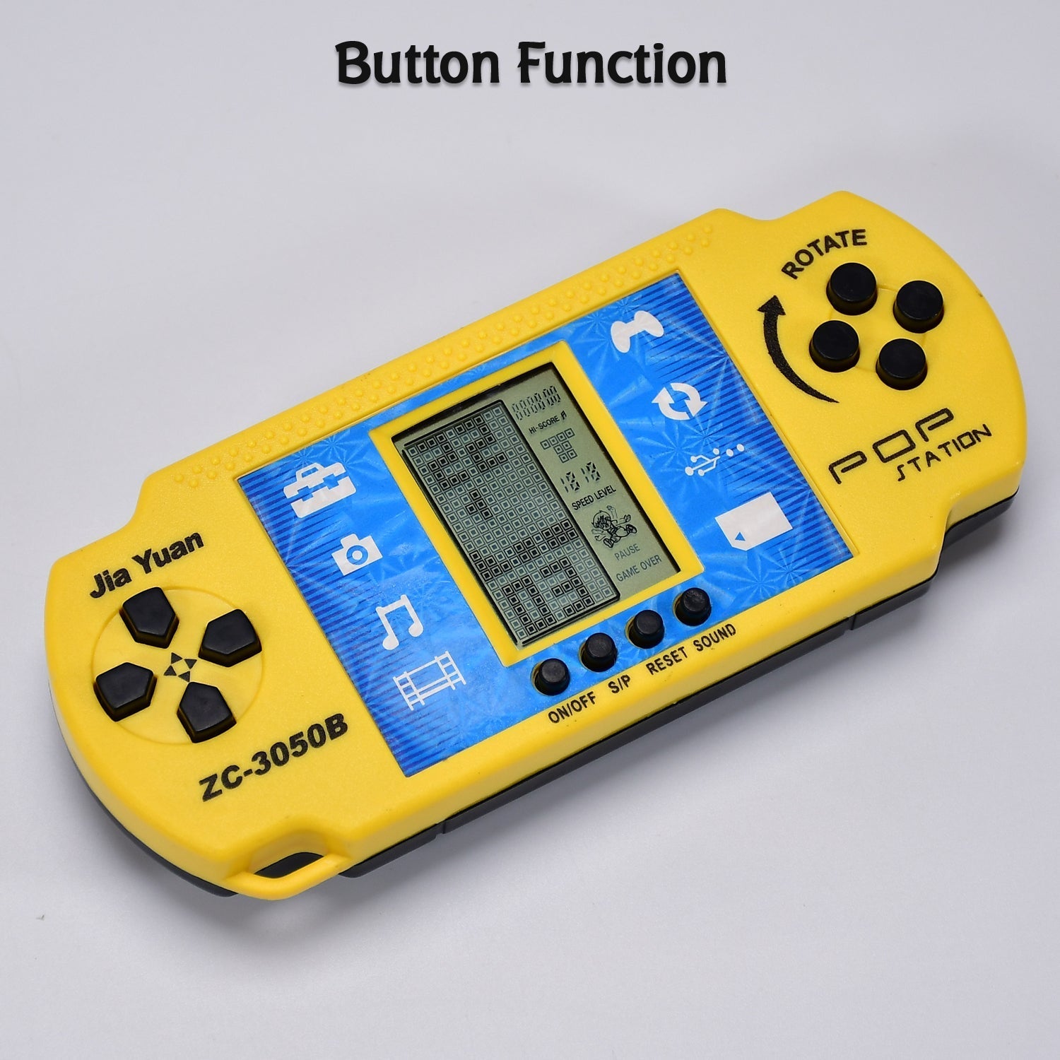 Close-up of the Handheld Video Game's control buttons, including rotate and start functions.