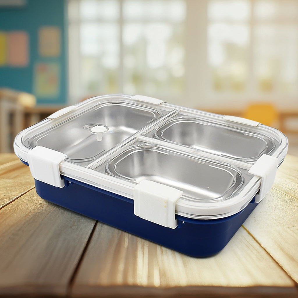 Open view of the spacious 3-compartment stainless steel tiffin box.