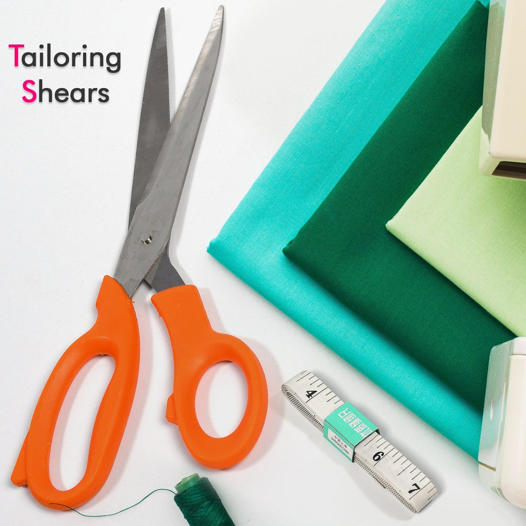 Tailor scissors with a yellow measuring tape showing both inches and centimeters for precise cutting.
