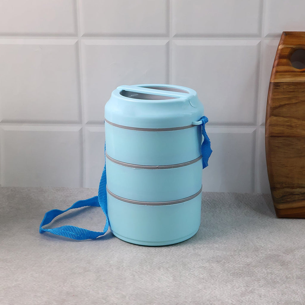Open stackable 3 layer insulated lunch box set showing food compartments