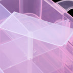 Side view of the 18-grid clear plastic organizer box with distinct layers.