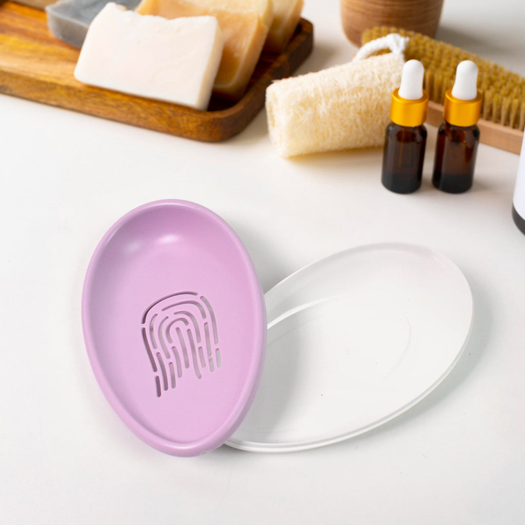 VelvetBubbles double-layer soap dish with drain in white, keeping soap dry.