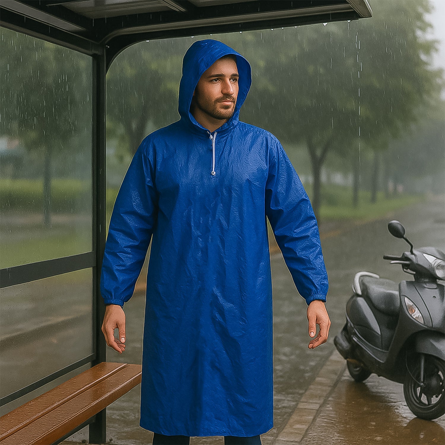 Portable raincoat with full coverage design for men in vibrant blue color