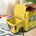 Open School Bus Toy Storage Box filled with various colourful toys, ready for playtime.