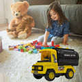 Bright yellow unbreakable toy truck, an oil tanker with blue details, ready for play.