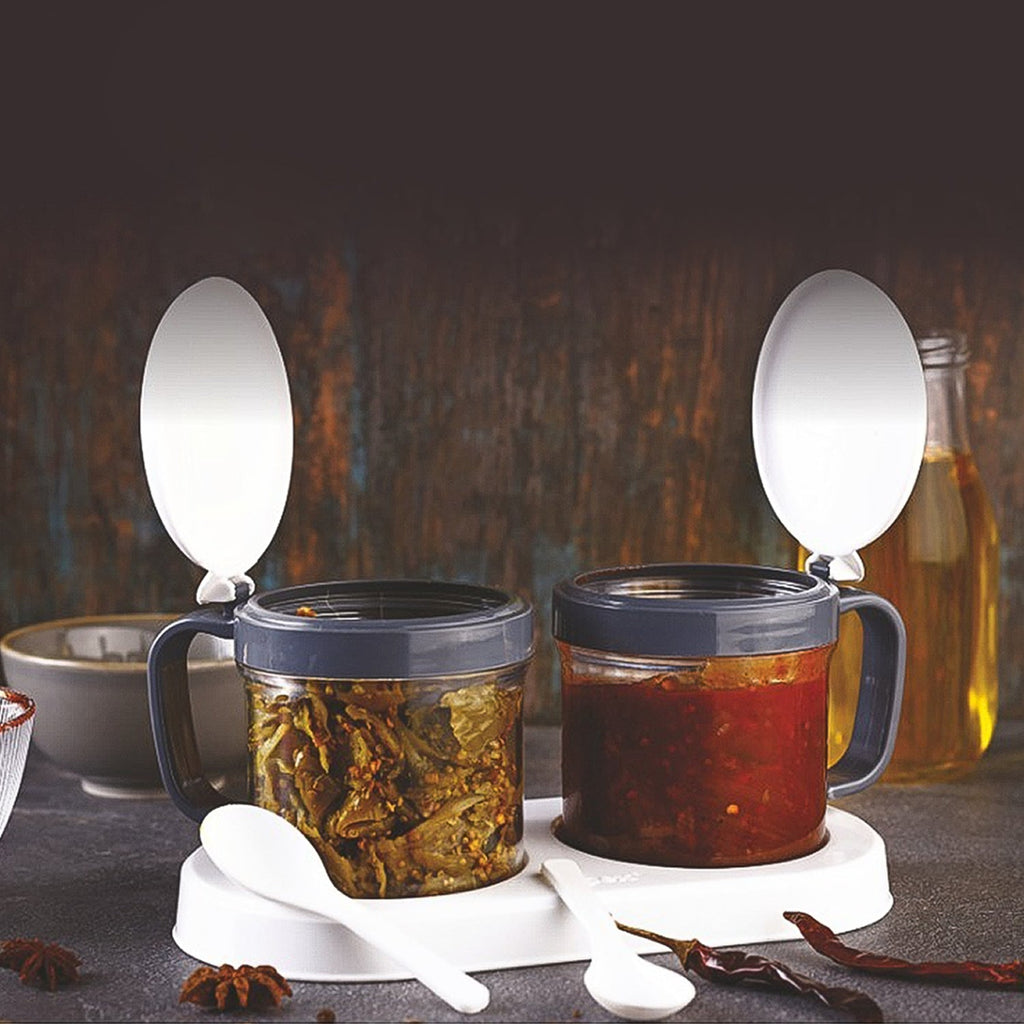 Two pickle container jars on sturdy base tray for kitchen storage