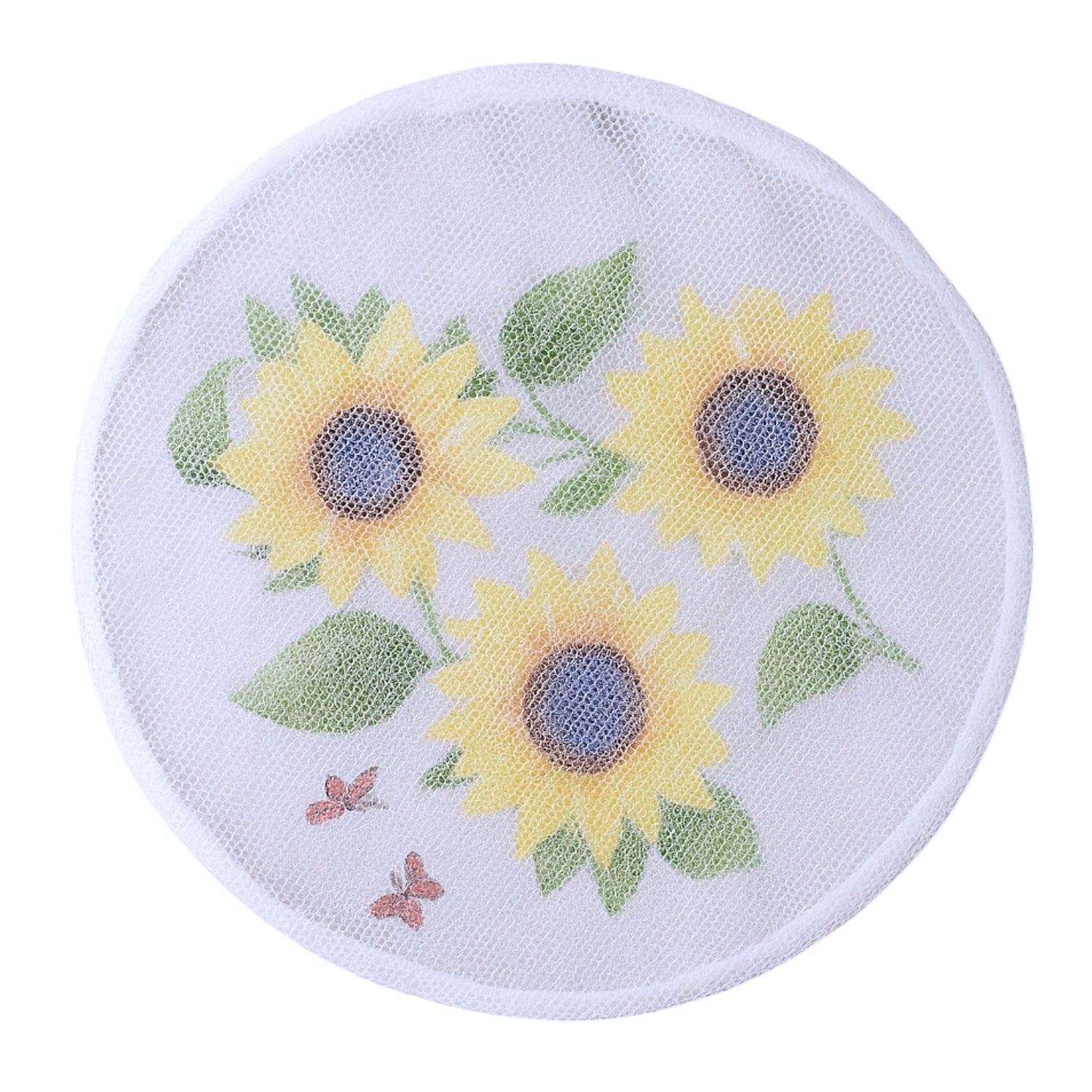 Decorative sunflower mesh fan cover placed on a table fan