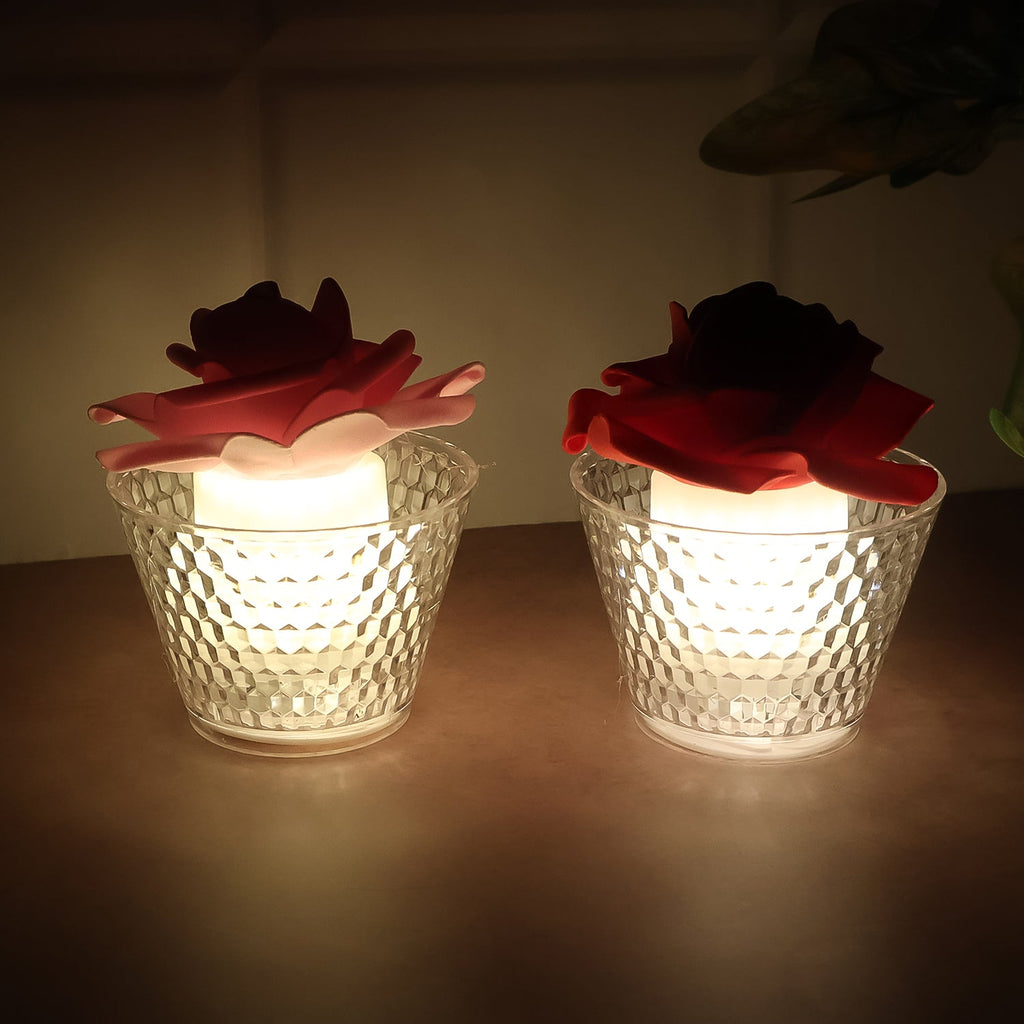 Detailed view of rose flower top on LED flameless tealight candle