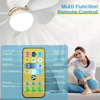 Close-up of the sleek remote control for the LED ceiling fan, showing intuitive buttons.