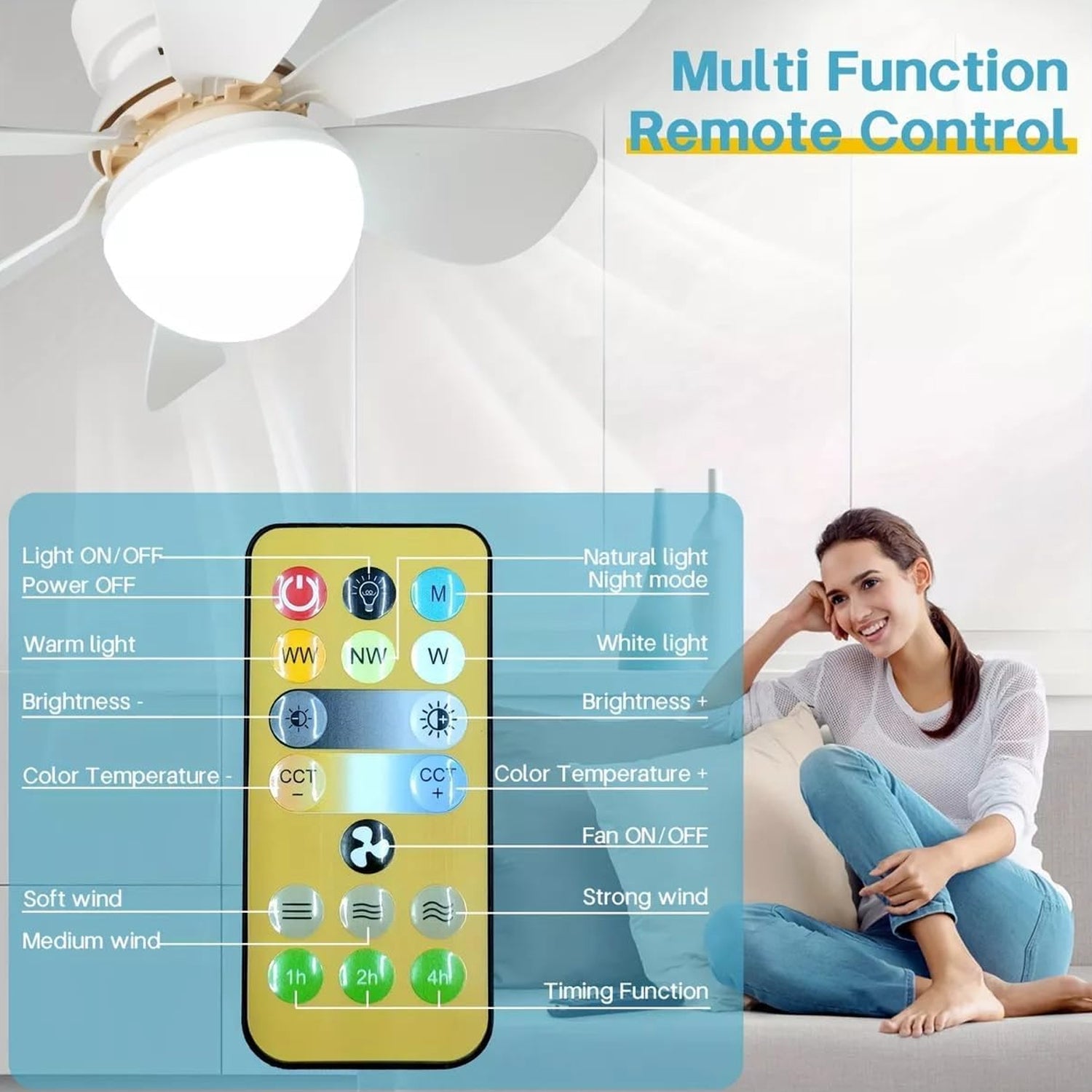 Close-up of the sleek remote control for the LED ceiling fan, showing intuitive buttons.