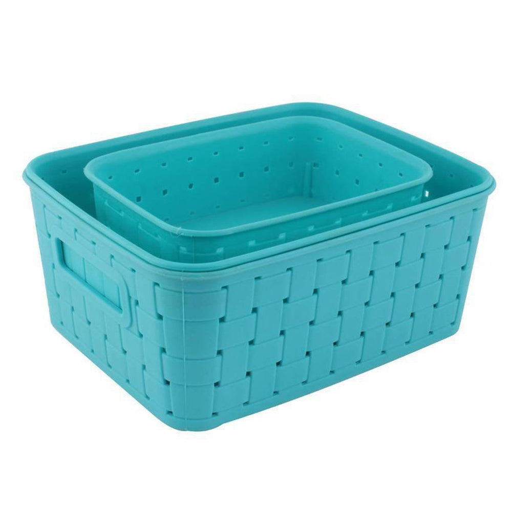 Set of 3 blue plastic storage baskets for kitchen and home organization.
