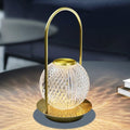 Crystal ball rechargeable LED touch lamp illuminating a modern bedroom.