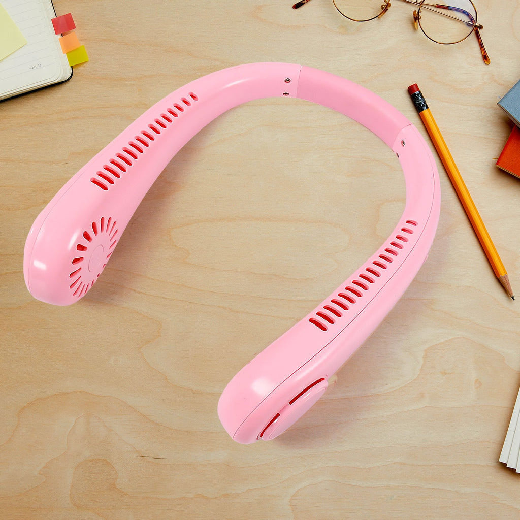 The bladeless neck fan in a resting position, highlighting its portability.