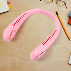The bladeless neck fan in a resting position, highlighting its portability.