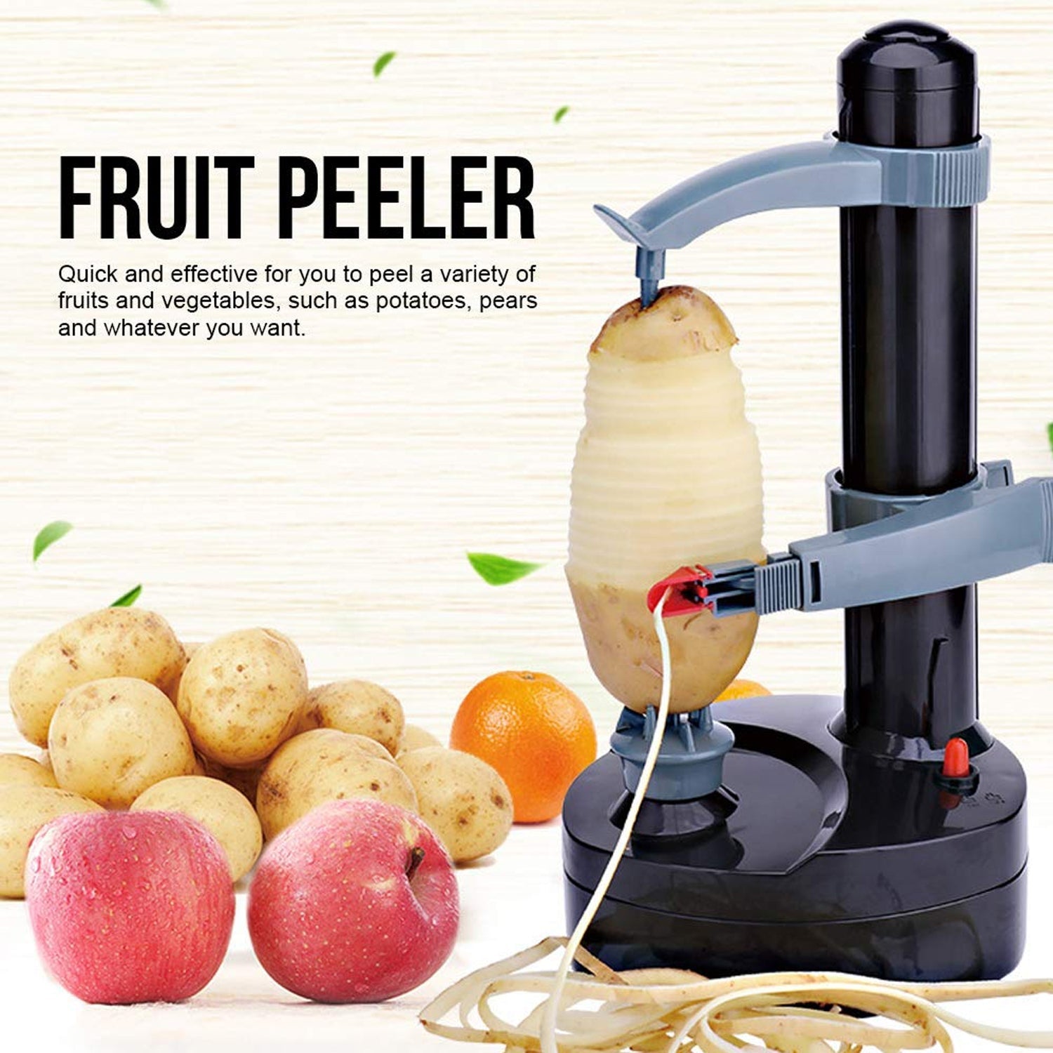 Close-up of electric peeling arm and stainless steel blade in action
