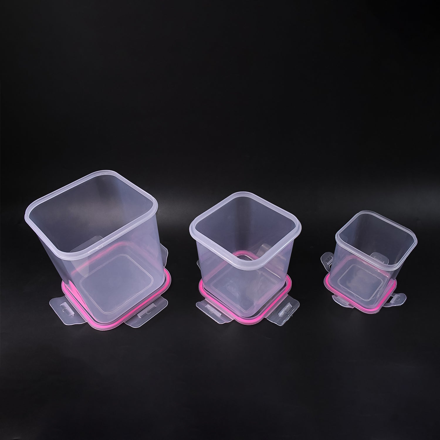 Square airtight food storage containers in three different sizes