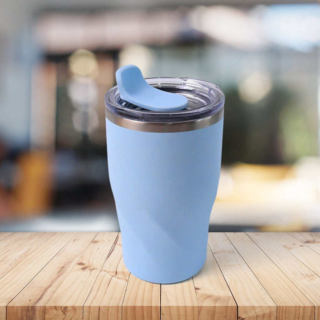 Thermal beverage container stainless steel mug with wooden sipping straw 350ml