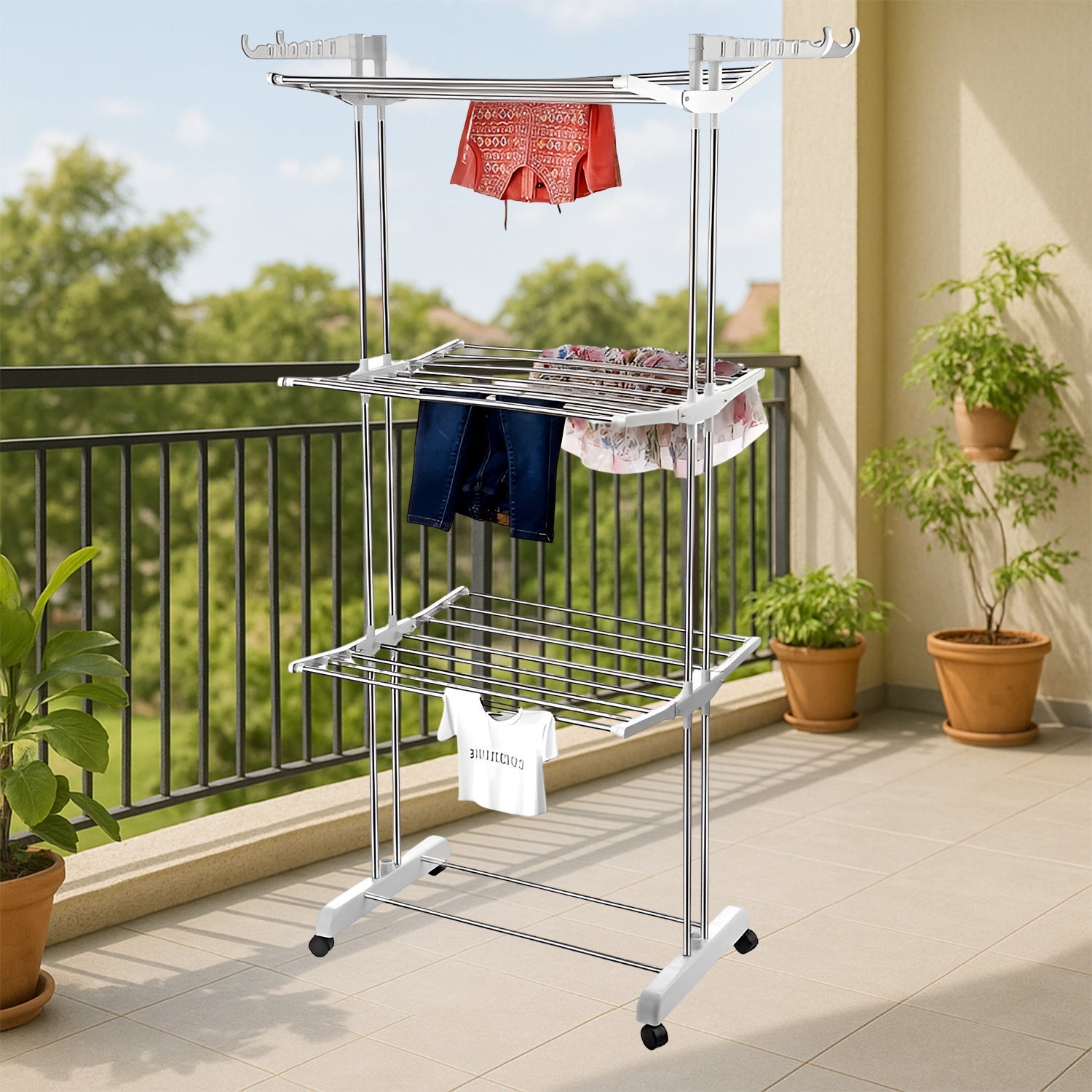 Close-up of the stainless steel rods and plastic joints of the drying stand.