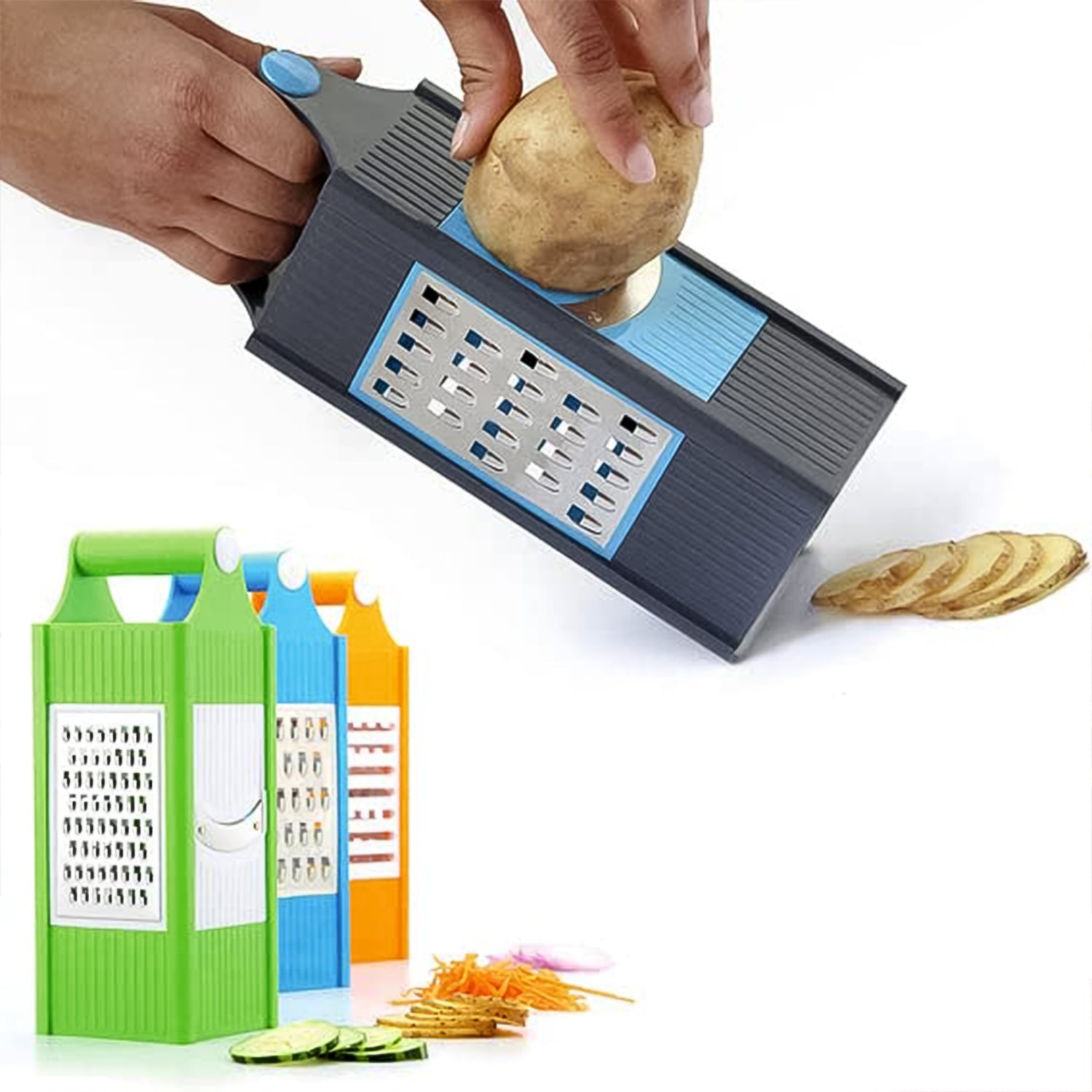 The Konvex multi-blade kitchen slicer grater with its sturdy plastic body.
