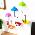 Colourful umbrella key holder mounted on a white wall, showcasing its vibrant design.