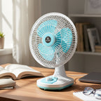 Lifestyle shot of portable desk fan in use